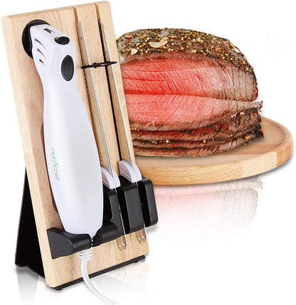 NutriChef Electric Carving Turkey Slicer Kitchen Knife | For Thanksgiving | Portable Electrical Food Cutter Knife Set with Carve Blades & Wood Stand | Cuts Meat, Bread, Cheese & Fruit | White