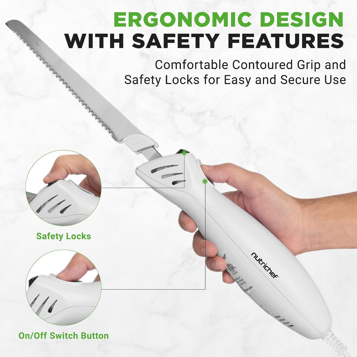 NutriChef Electric Carving Turkey Slicer Kitchen Knife | For Thanksgiving | Portable Electrical Food Cutter Knife Set with Carve Blades & Wood Stand | Cuts Meat, Bread, Cheese & Fruit | White