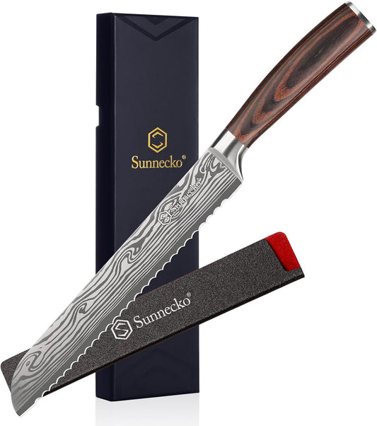 8 Inch Bread Knife - High Carbon German Steel Serrated Bread Knife for Homemade Sourdough & Crusty Loaves, Ultra Sharp Kitchen Knife with Sheath, Professional Cake Slicer Gift for Mom and Dad