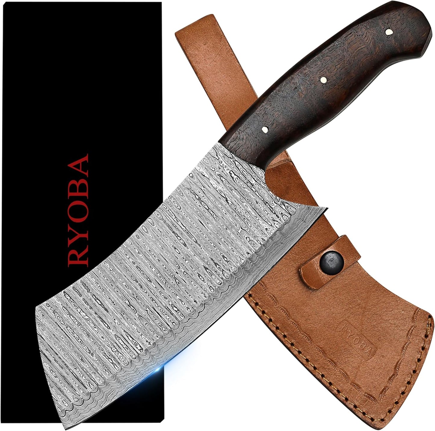 Cleaver Knife, Butcher Knife, Meat knife, Cleaver Chef knife, Meat Cleaver Knife, 7 Inch Damascus Meat Cleaver Butcher Knive For Meat Cutting With Pakkawood Handle & Leather Sheath