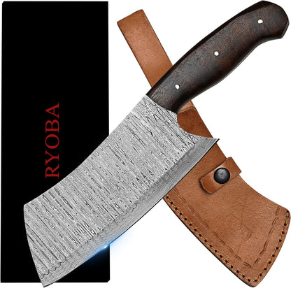 Cleaver Knife, Butcher Knife, Meat knife, Cleaver Chef knife, Meat Cleaver Knife, 7 Inch Damascus Meat Cleaver Butcher Knive For Meat Cutting With Pakkawood Handle & Leather Sheath
