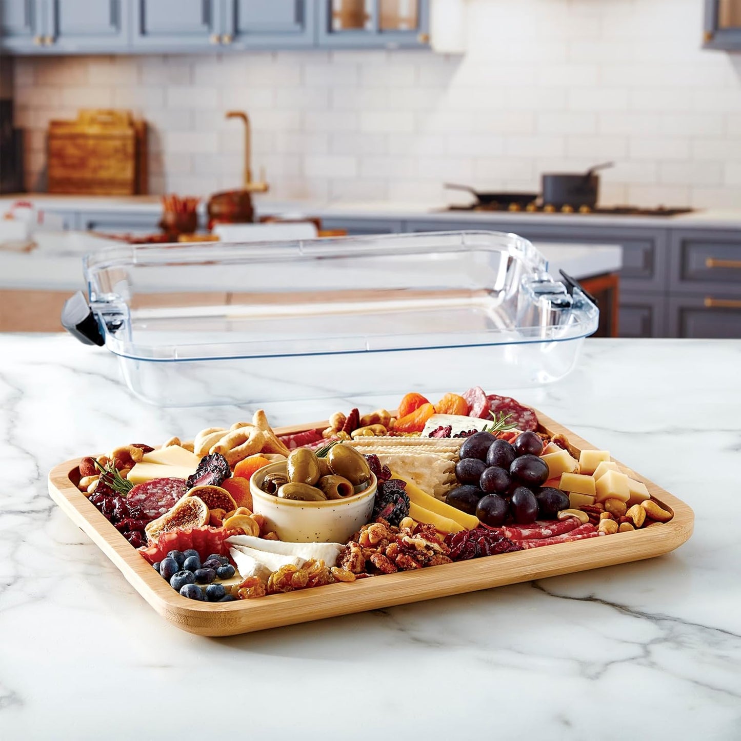 Bamboo Cutting Board with Clear Locking Lid, 11x14 Inch Charcuterie Board with Handles - Reversible Serving Board for Cheese, Meats, Snacks and More