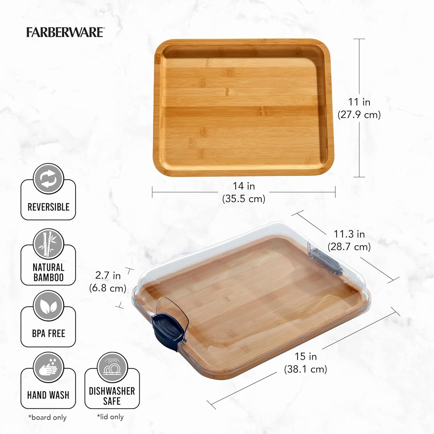 Bamboo Cutting Board with Clear Locking Lid, 11x14 Inch Charcuterie Board with Handles - Reversible Serving Board for Cheese, Meats, Snacks and More