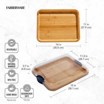 Bamboo Cutting Board with Clear Locking Lid, 11x14 Inch Charcuterie Board with Handles - Reversible Serving Board for Cheese, Meats, Snacks and More