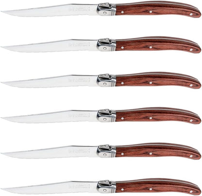 Laguiole Style Steak Knives Set of 6, Serrated Stainless Steel Steak Knife Set, Elegant French Design, Dishwasher Safe, Gift Box for Dinner & BBQ (wood-6)