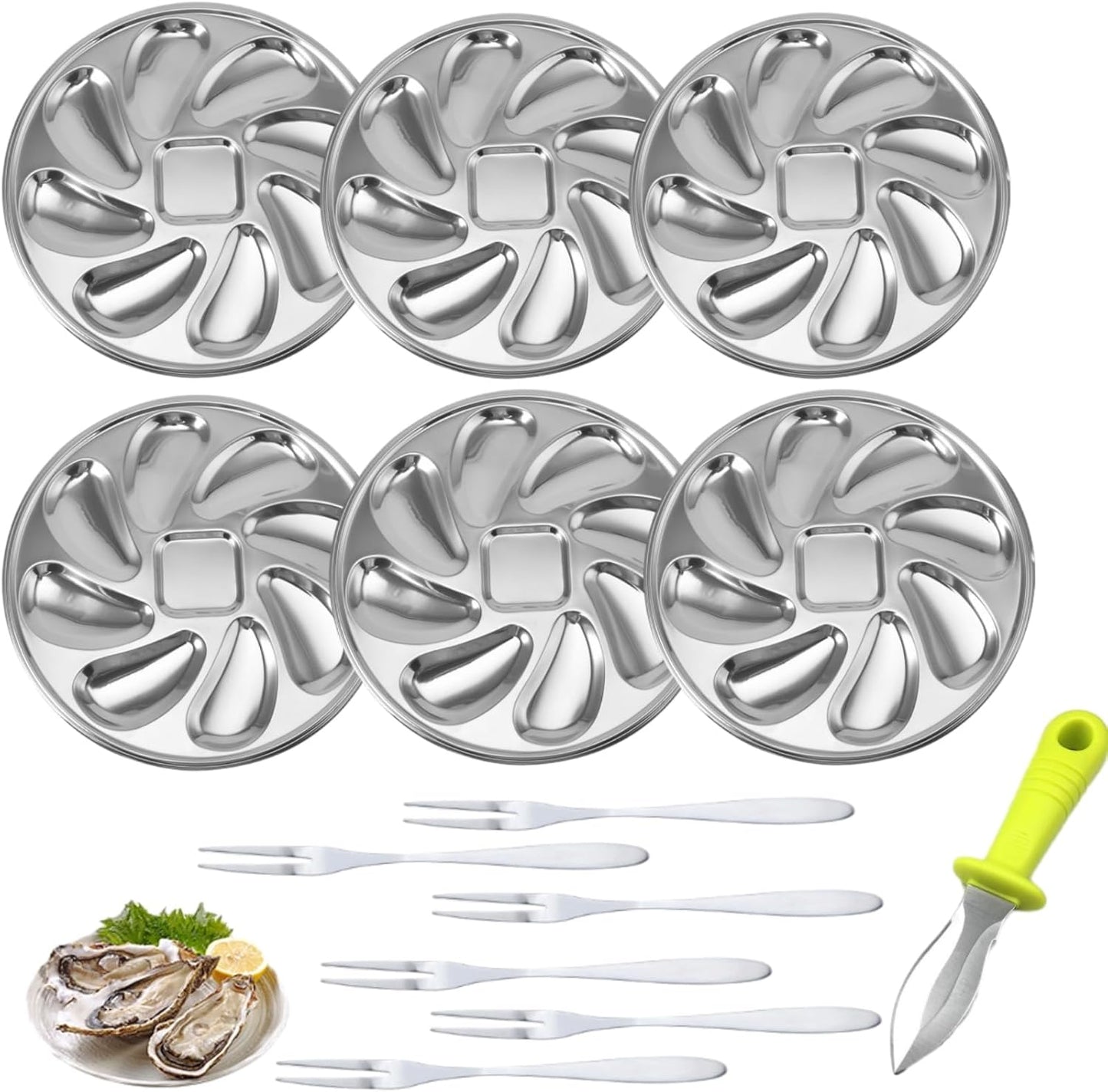 6 Packs Stainless Steel Oyster Plate with 6 Forks and Oyster Knife, 9.09in Round Oyster Serving Tray with 8 Compartments, Food Grade Metal Platter for Seafood, Mussels, Clams