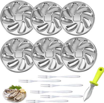 6 Packs Stainless Steel Oyster Plate with 6 Forks and Oyster Knife, 9.09in Round Oyster Serving Tray with 8 Compartments, Food Grade Metal Platter for Seafood, Mussels, Clams