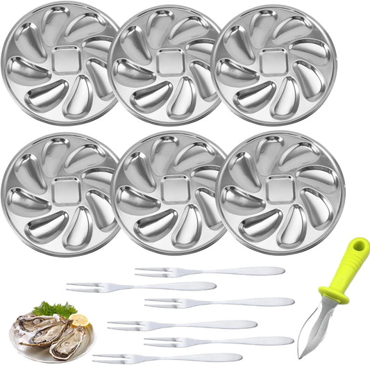 6 Packs Stainless Steel Oyster Plate with 6 Forks and Oyster Knife, 9.09in Round Oyster Serving Tray with 8 Compartments, Food Grade Metal Platter for Seafood, Mussels, Clams