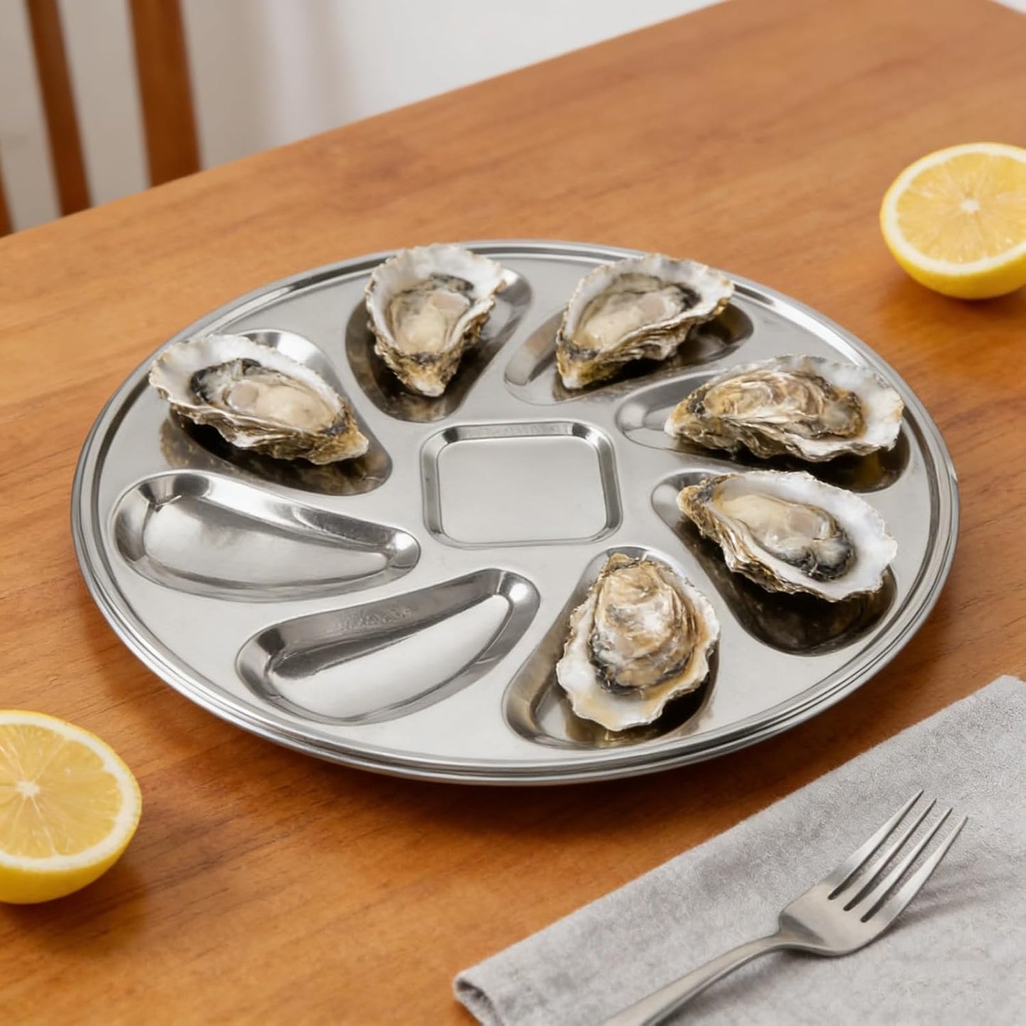 6 Packs Stainless Steel Oyster Plate with 6 Forks and Oyster Knife, 9.09in Round Oyster Serving Tray with 8 Compartments, Food Grade Metal Platter for Seafood, Mussels, Clams