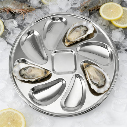 6 Packs Stainless Steel Oyster Plate with 6 Forks and Oyster Knife, 9.09in Round Oyster Serving Tray with 8 Compartments, Food Grade Metal Platter for Seafood, Mussels, Clams