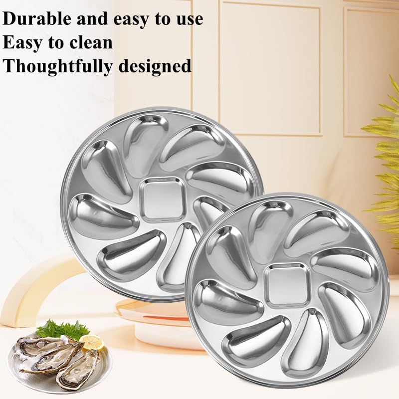 6 Packs Stainless Steel Oyster Plate with 6 Forks and Oyster Knife, 9.09in Round Oyster Serving Tray with 8 Compartments, Food Grade Metal Platter for Seafood, Mussels, Clams