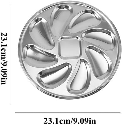 6 Packs Stainless Steel Oyster Plate with 6 Forks and Oyster Knife, 9.09in Round Oyster Serving Tray with 8 Compartments, Food Grade Metal Platter for Seafood, Mussels, Clams
