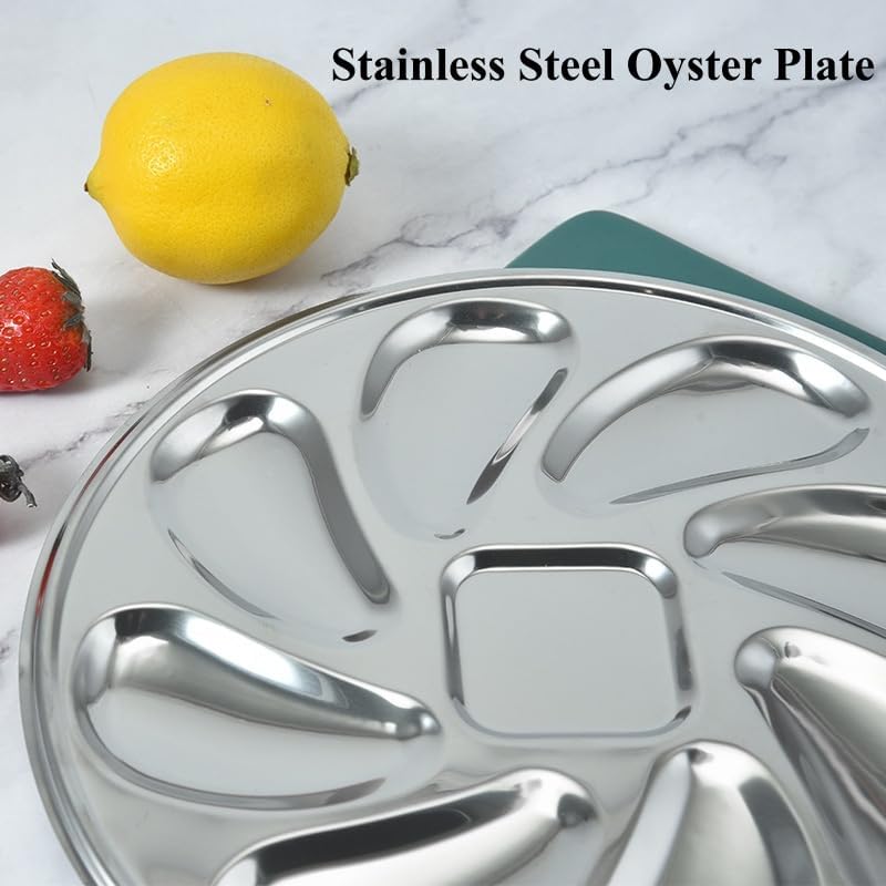 6 Packs Stainless Steel Oyster Plate with 6 Forks and Oyster Knife, 9.09in Round Oyster Serving Tray with 8 Compartments, Food Grade Metal Platter for Seafood, Mussels, Clams