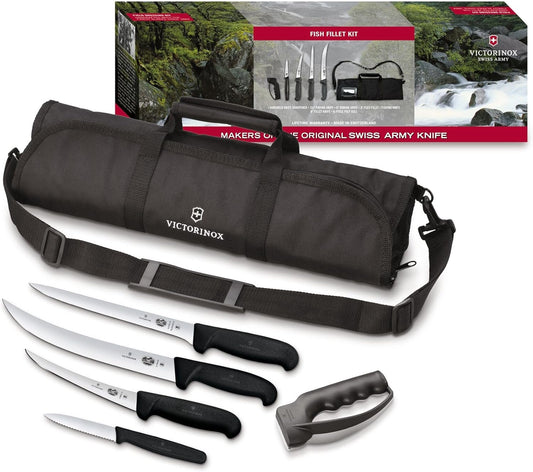 Fibrox 6 Piece Fish Fillet Kit with Sharpener & Cutlery Roll | Swiss made high carbon stainless steel blades with professional black handles, includes 4 specialty knives and roll bag