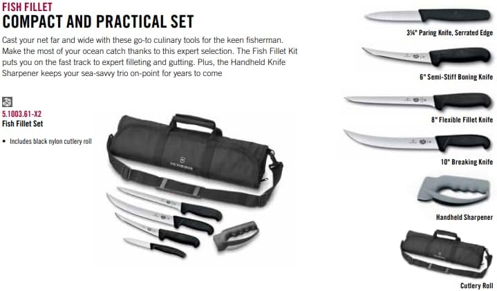 Fibrox 6 Piece Fish Fillet Kit with Sharpener & Cutlery Roll | Swiss made high carbon stainless steel blades with professional black handles, includes 4 specialty knives and roll bag