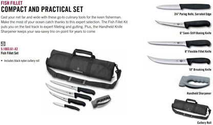 Fibrox 6 Piece Fish Fillet Kit with Sharpener & Cutlery Roll | Swiss made high carbon stainless steel blades with professional black handles, includes 4 specialty knives and roll bag