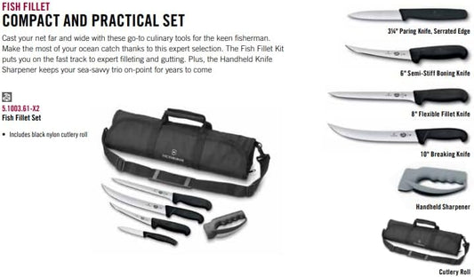 Fibrox 6 Piece Fish Fillet Kit with Sharpener & Cutlery Roll | Swiss made high carbon stainless steel blades with professional black handles, includes 4 specialty knives and roll bag