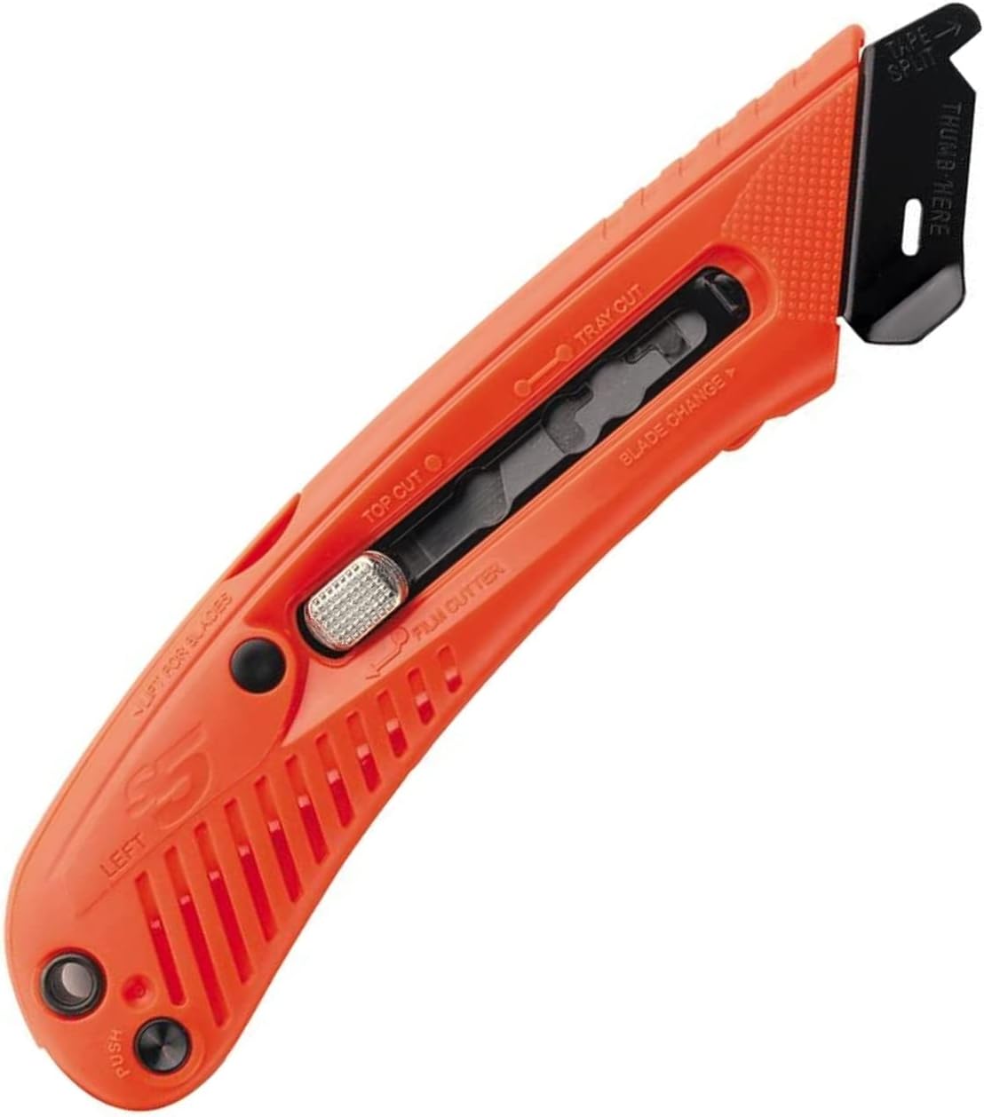 S5L Safety Cutter, Left Handed Retractable Utility Knife, Ergonomic Film Cutter, Bladeless Tape Splitter, Steel Guard, Safety, Damage Protection, Warehouse & In-Store Cutting, Red