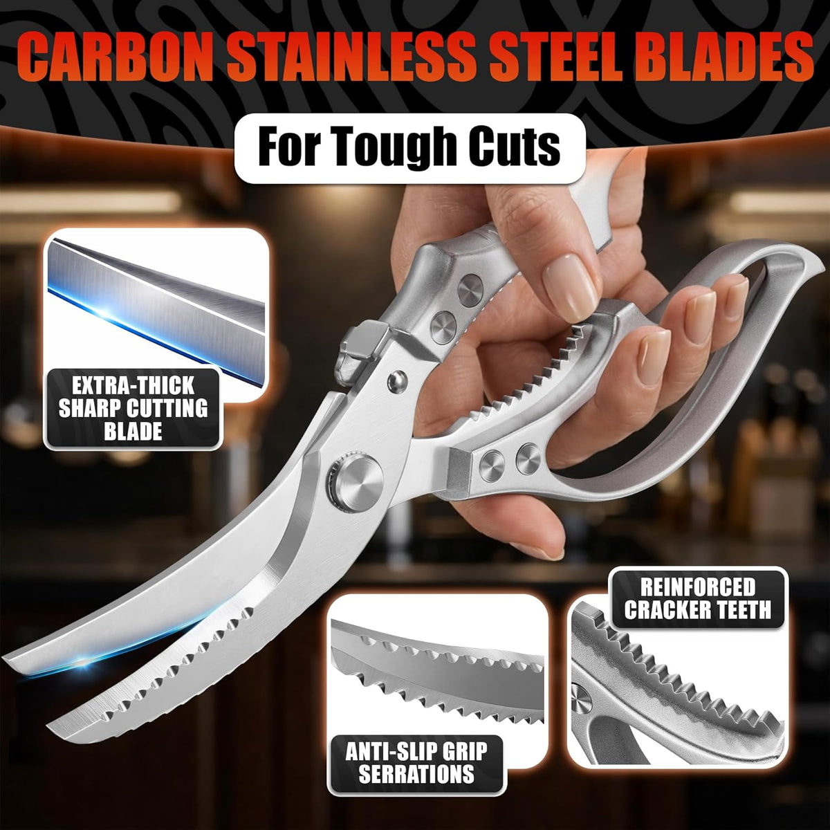 Stainless Steel Poultry Shears, Hardened Blades, Safety Lock | Heavy Duty Kitchen Shears for Food with Nutcracker and Fish Descaler; Spring-Loaded to Cut Chicken, Turkey, Meat and Bone