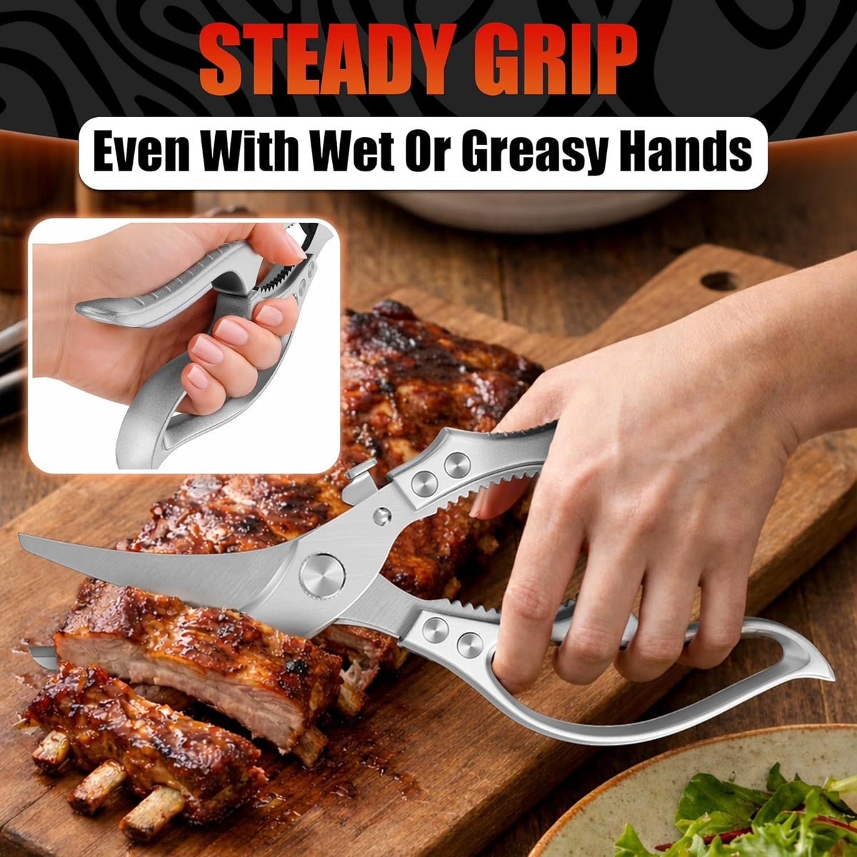 Stainless Steel Poultry Shears, Hardened Blades, Safety Lock | Heavy Duty Kitchen Shears for Food with Nutcracker and Fish Descaler; Spring-Loaded to Cut Chicken, Turkey, Meat and Bone
