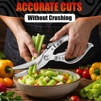 Stainless Steel Poultry Shears, Hardened Blades, Safety Lock | Heavy Duty Kitchen Shears for Food with Nutcracker and Fish Descaler; Spring-Loaded to Cut Chicken, Turkey, Meat and Bone