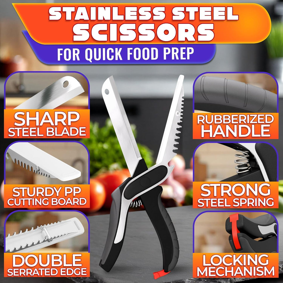 Stainless Steel Poultry Shears, Hardened Blades, Safety Lock | Heavy Duty Kitchen Shears for Food with Nutcracker and Fish Descaler; Spring-Loaded to Cut Chicken, Turkey, Meat and Bone
