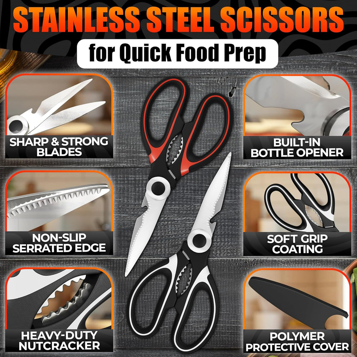 Stainless Steel Poultry Shears, Hardened Blades, Safety Lock | Heavy Duty Kitchen Shears for Food with Nutcracker and Fish Descaler; Spring-Loaded to Cut Chicken, Turkey, Meat and Bone