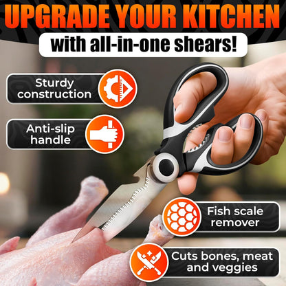 Stainless Steel Poultry Shears, Hardened Blades, Safety Lock | Heavy Duty Kitchen Shears for Food with Nutcracker and Fish Descaler; Spring-Loaded to Cut Chicken, Turkey, Meat and Bone