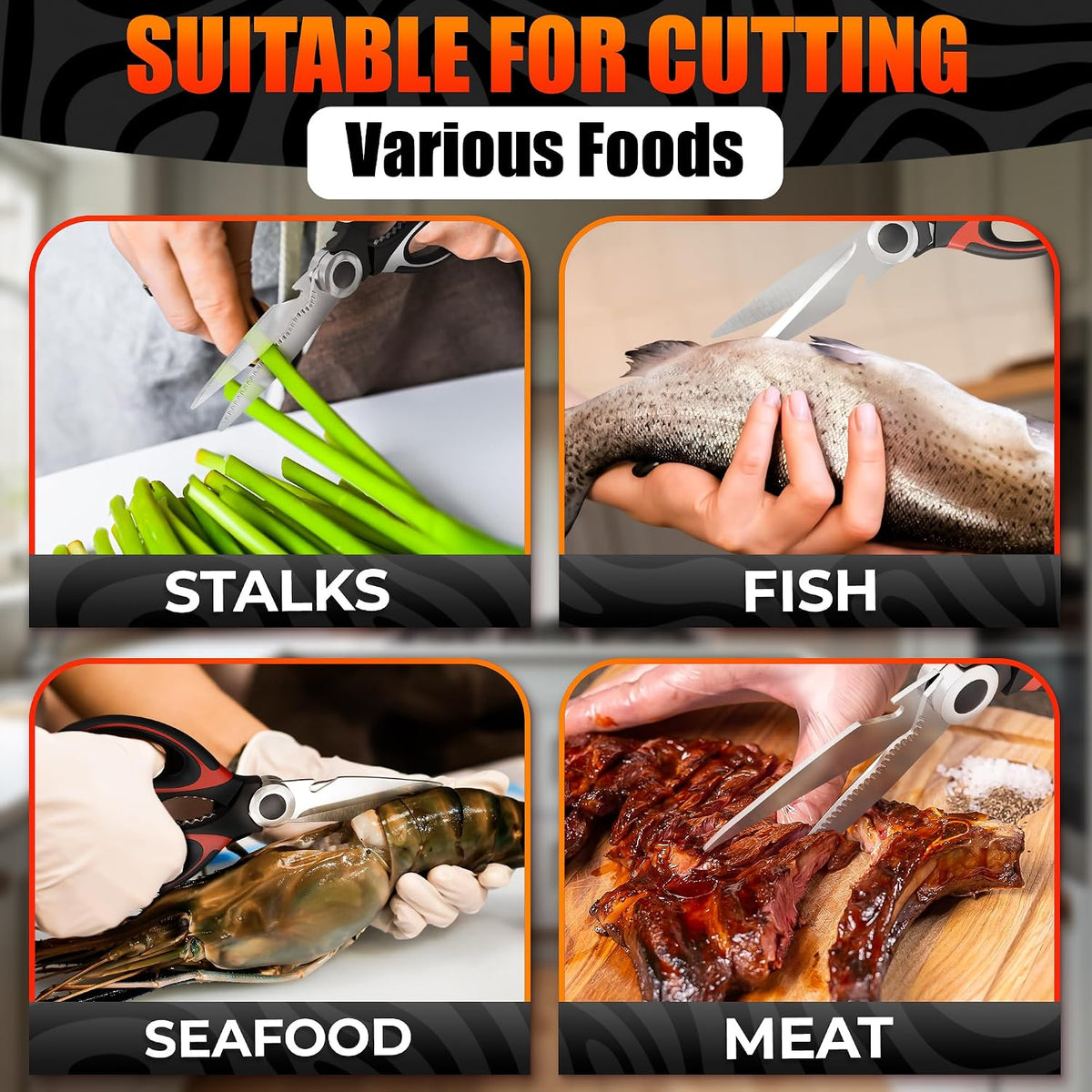 Stainless Steel Poultry Shears, Hardened Blades, Safety Lock | Heavy Duty Kitchen Shears for Food with Nutcracker and Fish Descaler; Spring-Loaded to Cut Chicken, Turkey, Meat and Bone