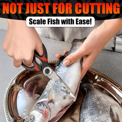 Stainless Steel Poultry Shears, Hardened Blades, Safety Lock | Heavy Duty Kitchen Shears for Food with Nutcracker and Fish Descaler; Spring-Loaded to Cut Chicken, Turkey, Meat and Bone