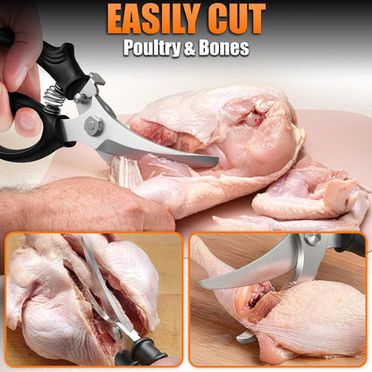 Stainless Steel Poultry Shears, Hardened Blades, Safety Lock | Heavy Duty Kitchen Shears for Food with Nutcracker and Fish Descaler; Spring-Loaded to Cut Chicken, Turkey, Meat and Bone