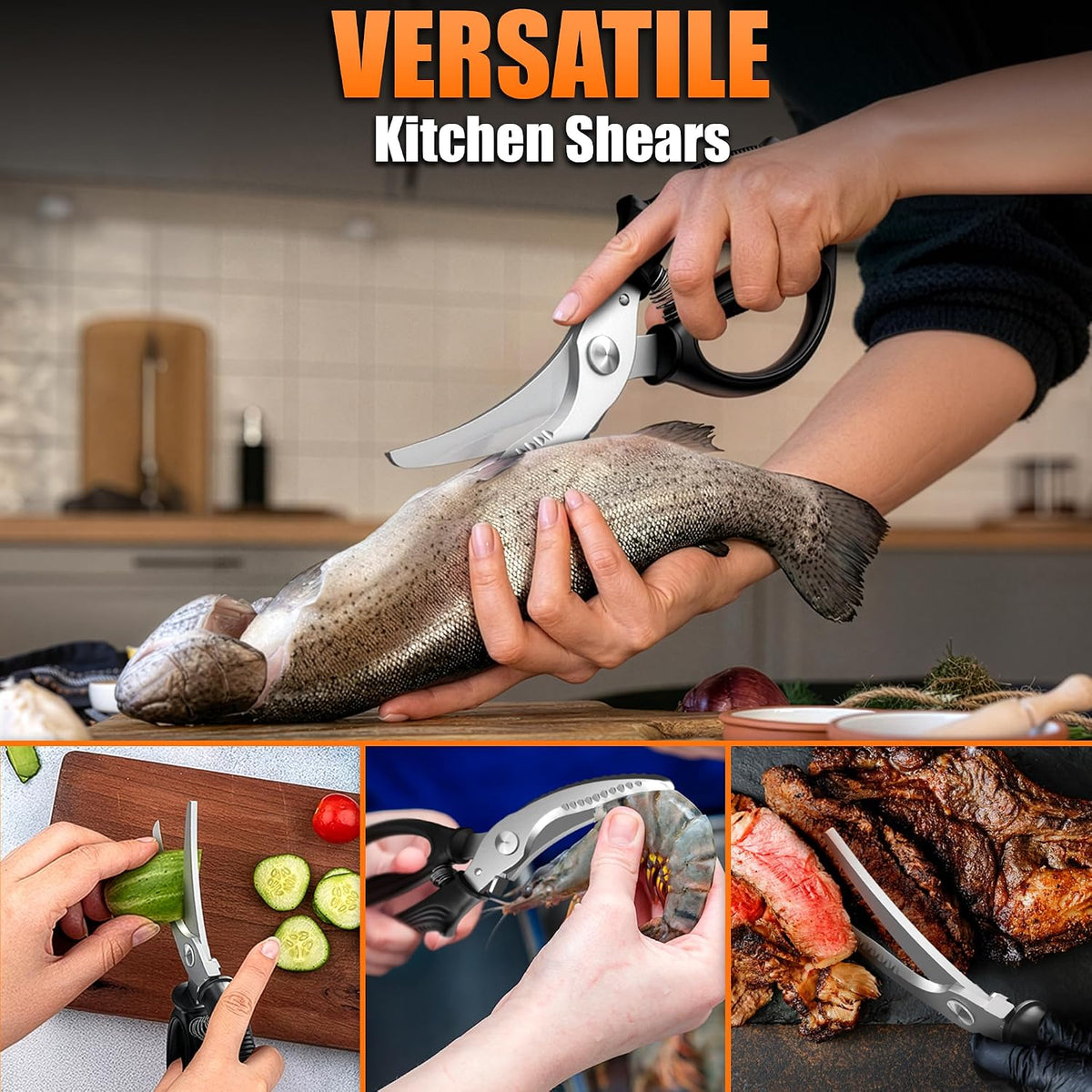 Stainless Steel Poultry Shears, Hardened Blades, Safety Lock | Heavy Duty Kitchen Shears for Food with Nutcracker and Fish Descaler; Spring-Loaded to Cut Chicken, Turkey, Meat and Bone