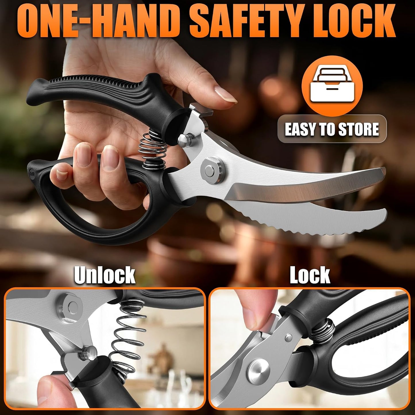 Stainless Steel Poultry Shears, Hardened Blades, Safety Lock | Heavy Duty Kitchen Shears for Food with Nutcracker and Fish Descaler; Spring-Loaded to Cut Chicken, Turkey, Meat and Bone