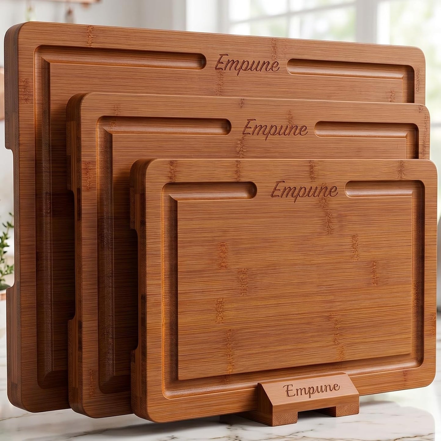 Bamboo Cutting Boards for Kitchen, 3 Piece Extra Thick Cutting Board Set with Juice Groove, Deep Carbonized Bamboo Chopping Board, Reversible Wood Cutting Board for charcuterie boards, Brown