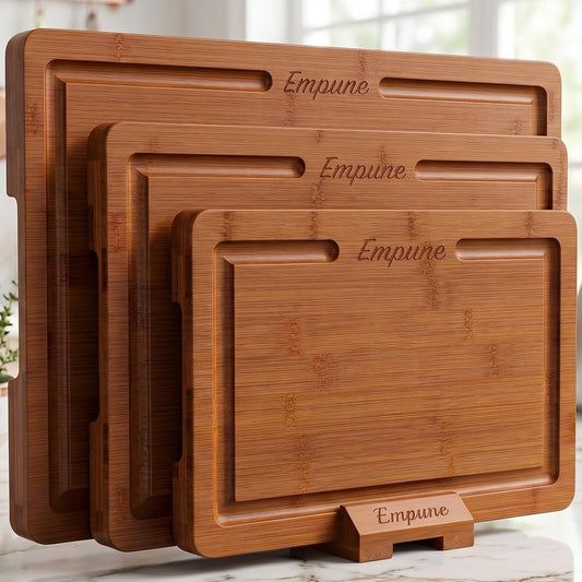 Bamboo Cutting Boards for Kitchen, 3 Piece Extra Thick Cutting Board Set with Juice Groove, Deep Carbonized Bamboo Chopping Board, Reversible Wood Cutting Board for charcuterie boards, Brown