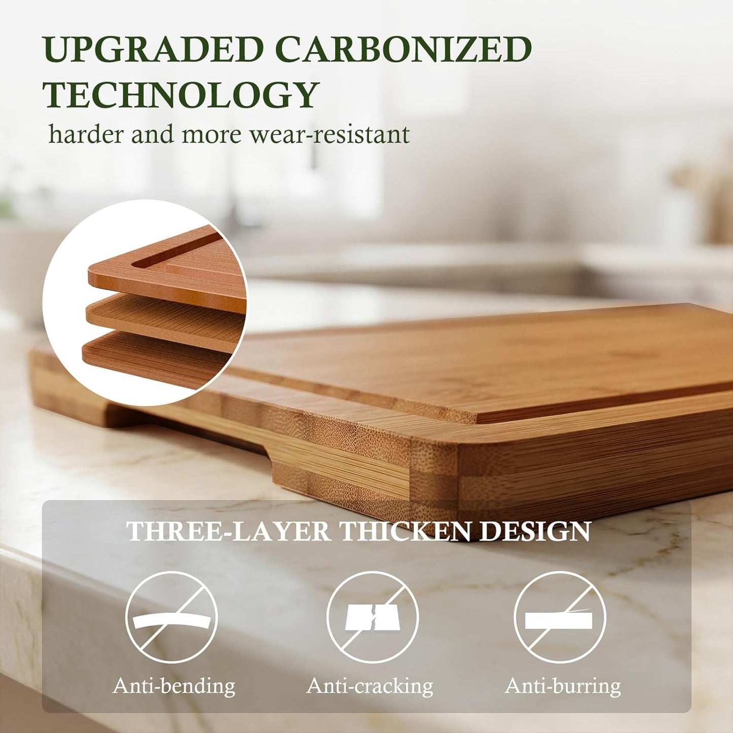 Bamboo Cutting Boards for Kitchen, 3 Piece Extra Thick Cutting Board Set with Juice Groove, Deep Carbonized Bamboo Chopping Board, Reversible Wood Cutting Board for charcuterie boards, Brown