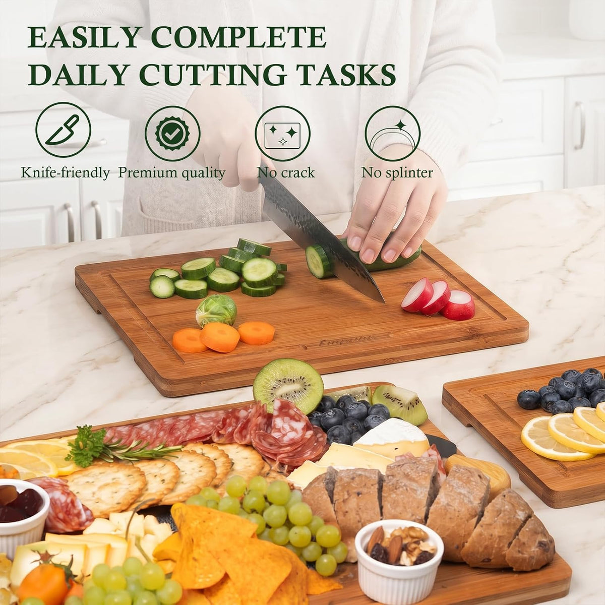 Bamboo Cutting Boards for Kitchen, 3 Piece Extra Thick Cutting Board Set with Juice Groove, Deep Carbonized Bamboo Chopping Board, Reversible Wood Cutting Board for charcuterie boards, Brown