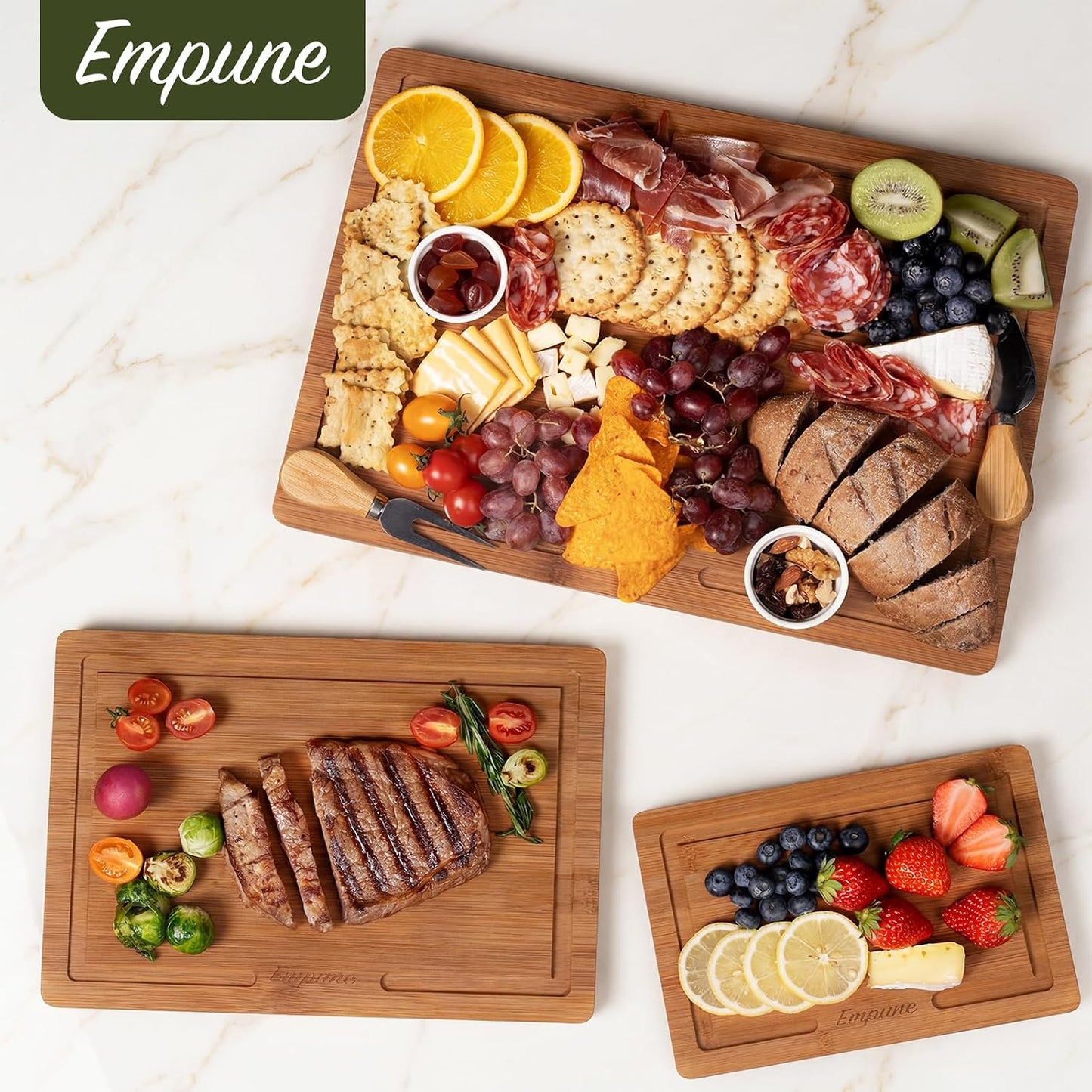 Bamboo Cutting Boards for Kitchen, 3 Piece Extra Thick Cutting Board Set with Juice Groove, Deep Carbonized Bamboo Chopping Board, Reversible Wood Cutting Board for charcuterie boards, Brown