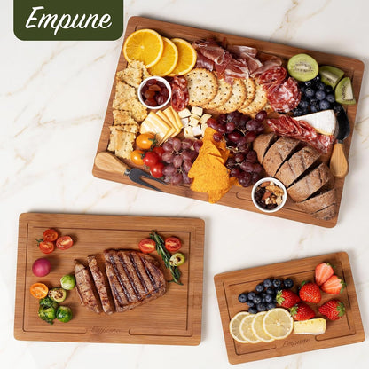 Bamboo Cutting Boards for Kitchen, 3 Piece Extra Thick Cutting Board Set with Juice Groove, Deep Carbonized Bamboo Chopping Board, Reversible Wood Cutting Board for charcuterie boards, Brown