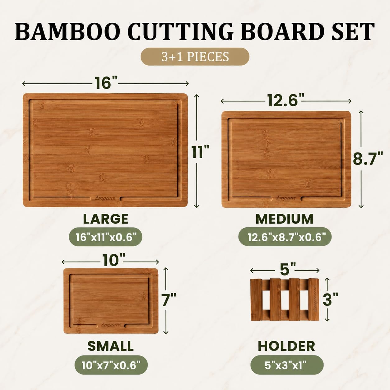 Bamboo Cutting Boards for Kitchen, 3 Piece Extra Thick Cutting Board Set with Juice Groove, Deep Carbonized Bamboo Chopping Board, Reversible Wood Cutting Board for charcuterie boards, Brown