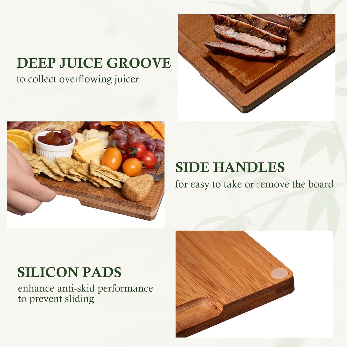 Bamboo Cutting Boards for Kitchen, 3 Piece Extra Thick Cutting Board Set with Juice Groove, Deep Carbonized Bamboo Chopping Board, Reversible Wood Cutting Board for charcuterie boards, Brown