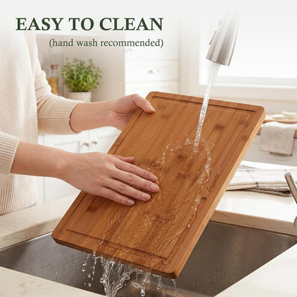 Bamboo Cutting Boards for Kitchen, 3 Piece Extra Thick Cutting Board Set with Juice Groove, Deep Carbonized Bamboo Chopping Board, Reversible Wood Cutting Board for charcuterie boards, Brown