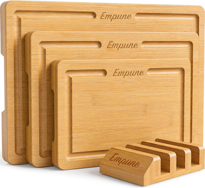 Bamboo Cutting Boards for Kitchen, 3 Piece Extra Thick Cutting Board Set with Juice Groove, Deep Carbonized Bamboo Chopping Board, Reversible Wood Cutting Board for charcuterie boards, Brown
