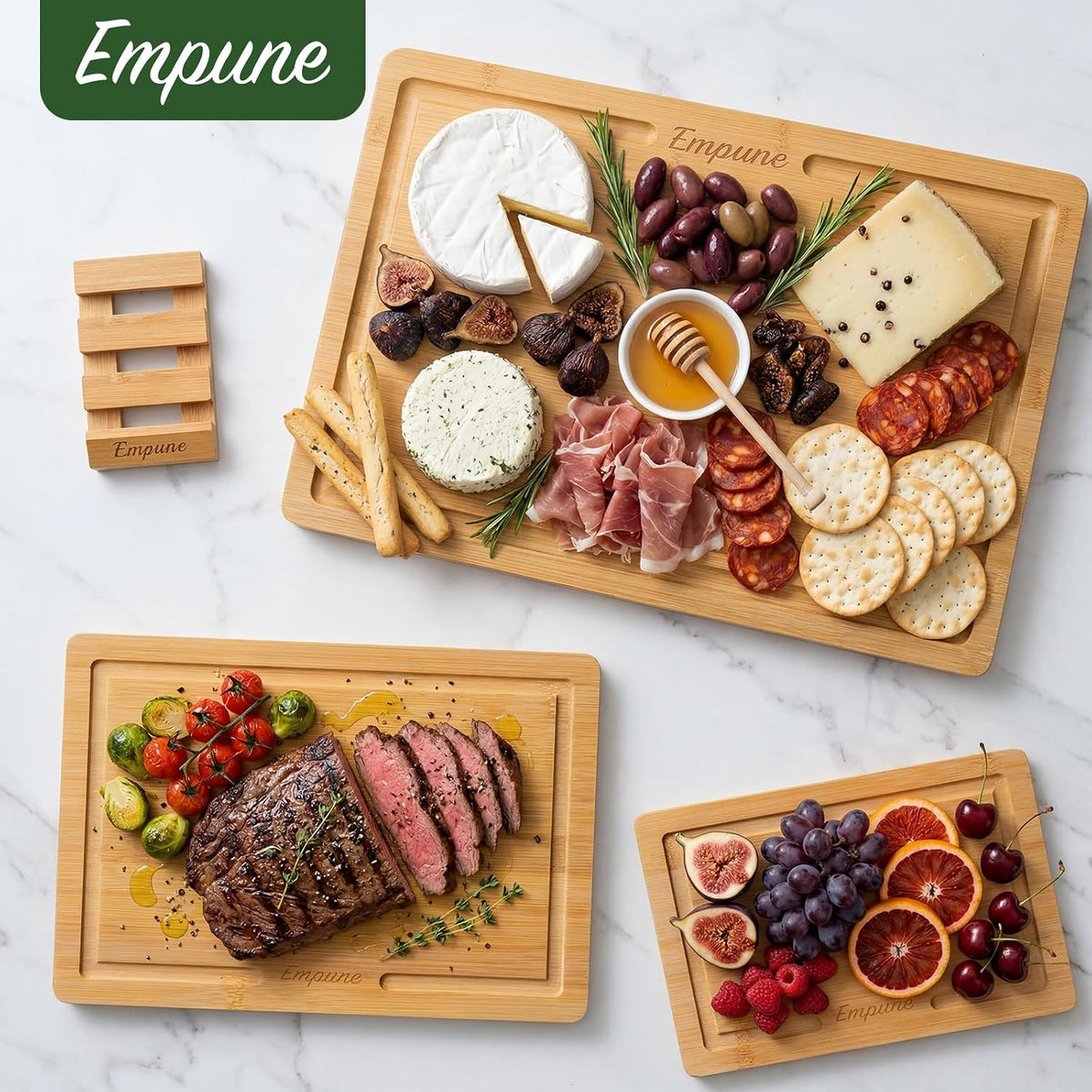 Bamboo Cutting Boards for Kitchen, 3 Piece Extra Thick Cutting Board Set with Juice Groove, Deep Carbonized Bamboo Chopping Board, Reversible Wood Cutting Board for charcuterie boards, Brown