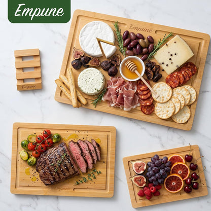 Bamboo Cutting Boards for Kitchen, 3 Piece Extra Thick Cutting Board Set with Juice Groove, Deep Carbonized Bamboo Chopping Board, Reversible Wood Cutting Board for charcuterie boards, Brown