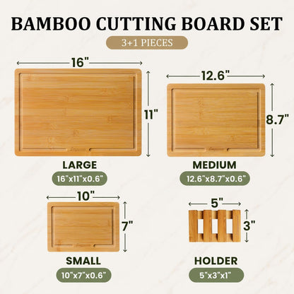 Bamboo Cutting Boards for Kitchen, 3 Piece Extra Thick Cutting Board Set with Juice Groove, Deep Carbonized Bamboo Chopping Board, Reversible Wood Cutting Board for charcuterie boards, Brown