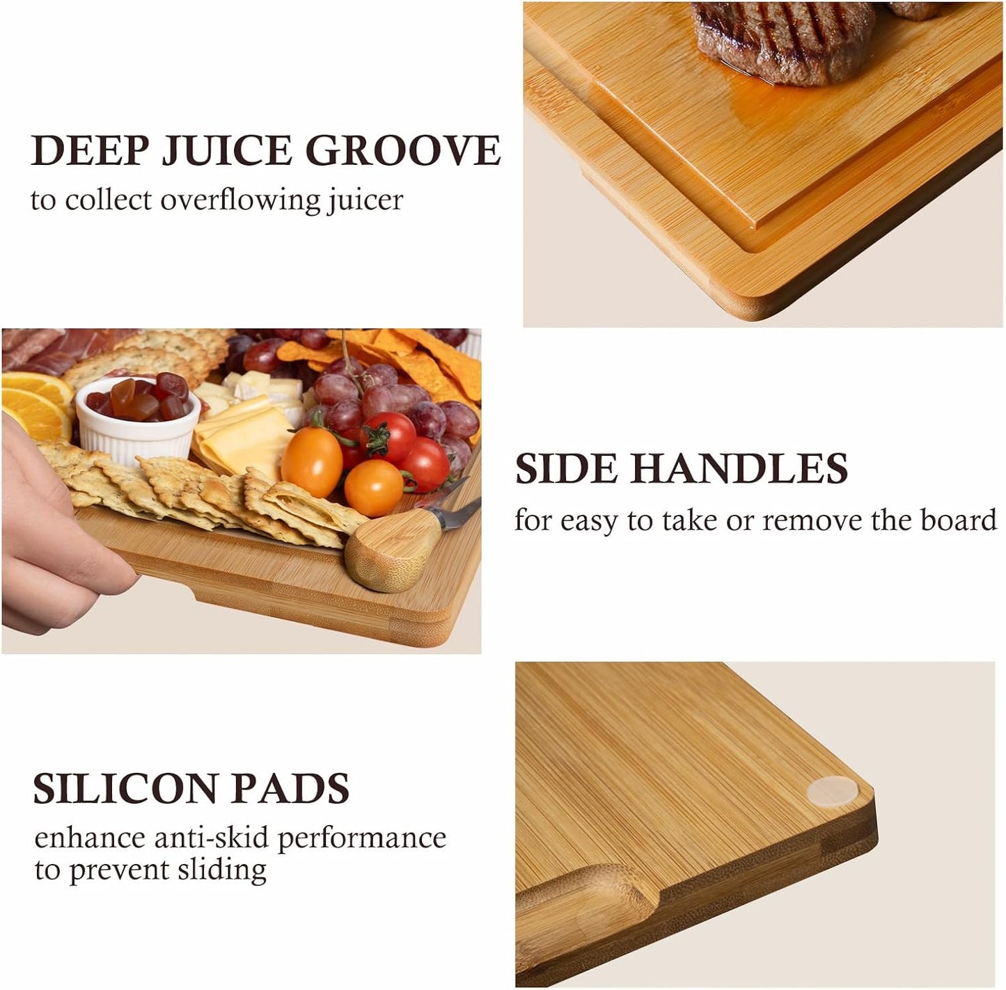 Bamboo Cutting Boards for Kitchen, 3 Piece Extra Thick Cutting Board Set with Juice Groove, Deep Carbonized Bamboo Chopping Board, Reversible Wood Cutting Board for charcuterie boards, Brown