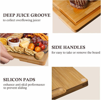 Bamboo Cutting Boards for Kitchen, 3 Piece Extra Thick Cutting Board Set with Juice Groove, Deep Carbonized Bamboo Chopping Board, Reversible Wood Cutting Board for charcuterie boards, Brown