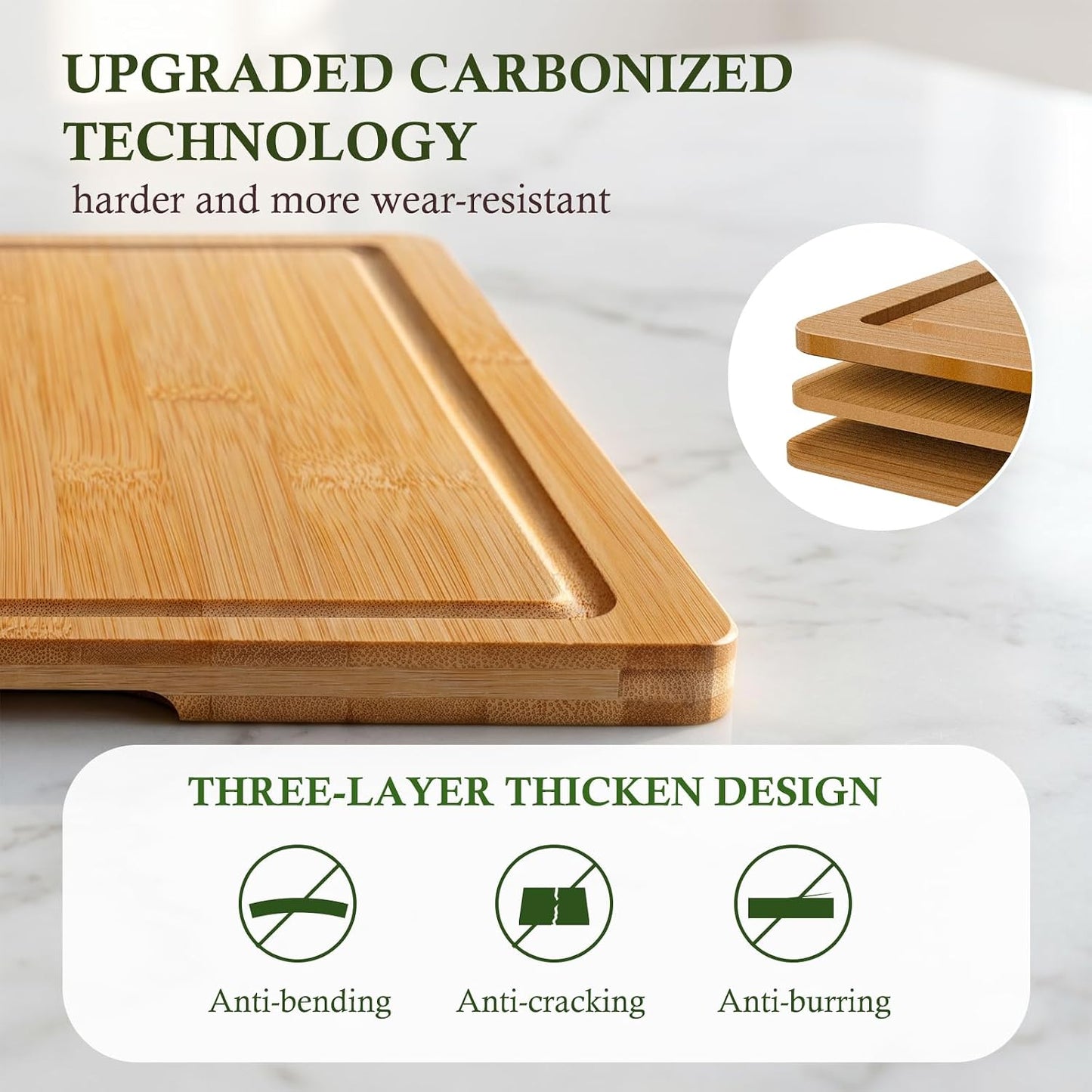 Bamboo Cutting Boards for Kitchen, 3 Piece Extra Thick Cutting Board Set with Juice Groove, Deep Carbonized Bamboo Chopping Board, Reversible Wood Cutting Board for charcuterie boards, Brown