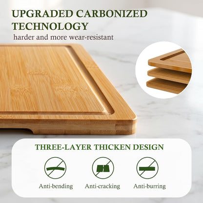 Bamboo Cutting Boards for Kitchen, 3 Piece Extra Thick Cutting Board Set with Juice Groove, Deep Carbonized Bamboo Chopping Board, Reversible Wood Cutting Board for charcuterie boards, Brown